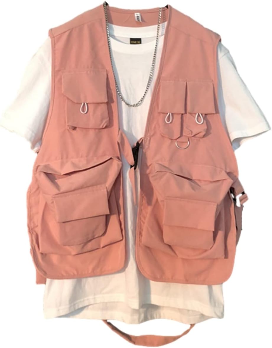 チョッキ ワークベスト Vネック メンズ マルチポケット ベルト飾り 春夏 重ね着 前開き ノースリーブ 薄手 カジュアル ゆったり 体型カバー 韓国風 ファッション かっこいい 動きやすい お洒落
