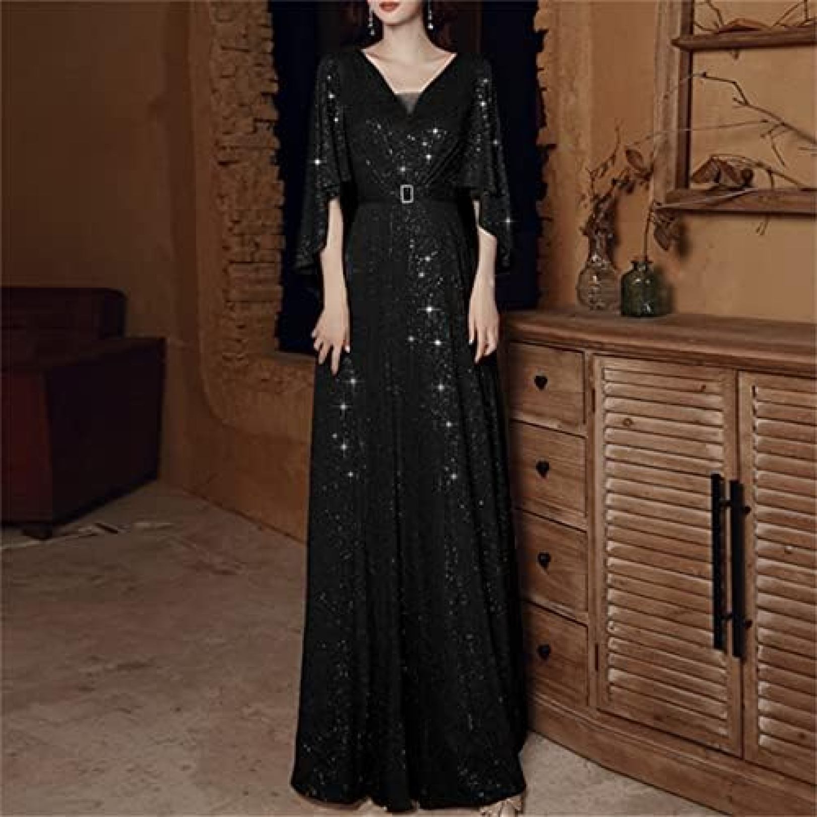 Yokosの【20%OFFクーポン〜】レディース ドレス イブニングドレス ロングドレス パーティードレス Vネック Aライン スパンコール エレガント おしゃれ フォーマル 着痩せ 結婚式 発表会 お呼ばれ 披露宴 演奏会 司会者 忘年｜アングル3