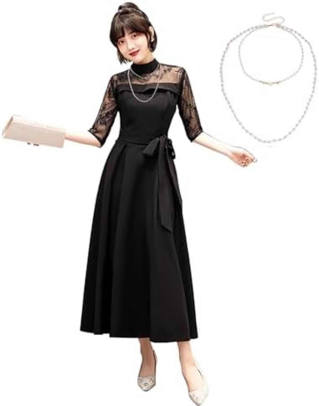 【20%OFFクーポン〜】ワンピース ネックレス付き 2点セットレディース パーティードレス 結婚式 ハイネック マキシ丈ドレス ロング丈 膝下丈 大きいサイズ お呼ばれ 五分袖 七分袖 レース きれい 20代 40代 30代
