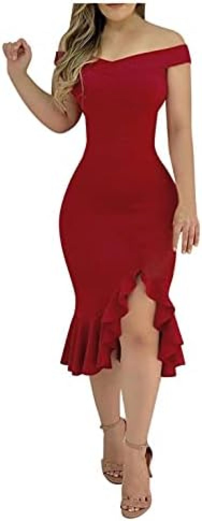 【20%OFFクーポン〜】ロング ドレス マーメイドドレス タイト 袖なし オフショルダー 肩出し タイトワンピース フリル マーメイド スリット ロングドレス...