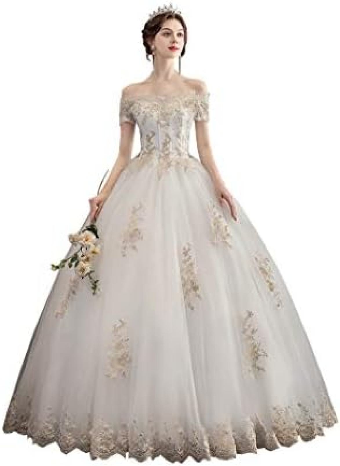 【20%OFFクーポン〜】ウェディングドレス 結婚式 一字の肩 二次会 ロングドレス 花嫁ドレス ふんわり プリンセス