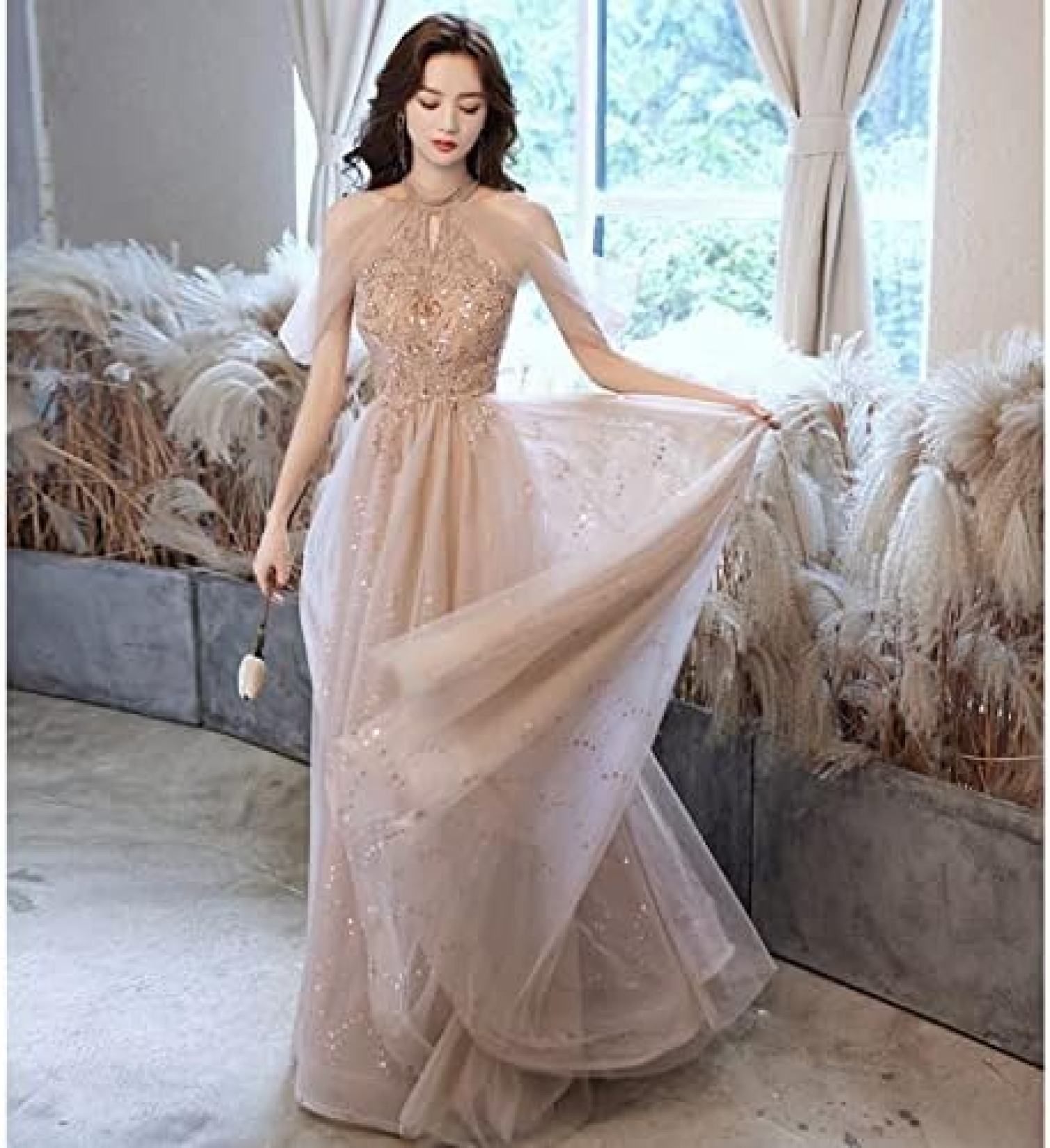 【20%OFFクーポン〜】イブニングドレス ロング スパンコール ゴージャス パーティードレス ミモレ丈 結婚式 お呼ばれ 大きいサイズ ロングドレス ホルターネック ノースリーブ 花柄ドレス フワフワチュール レース切替 春