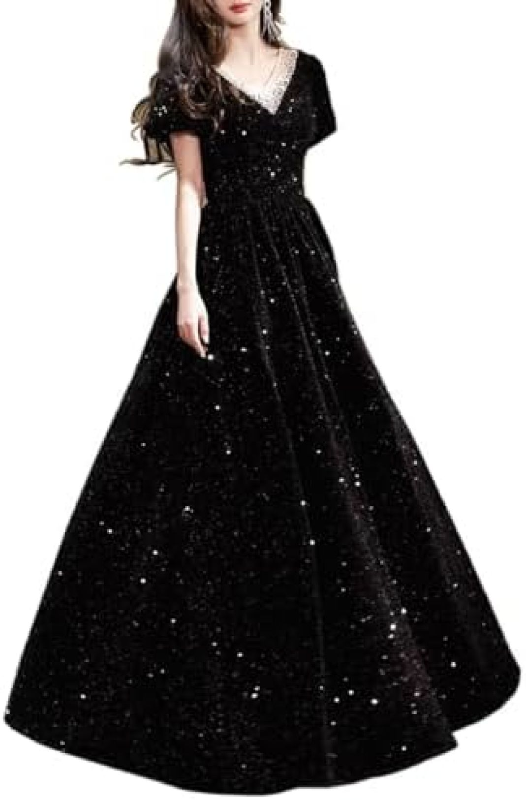 【20%OFFクーポン〜】イブニングドレス レディース ドレス スパンコールドレス ロングドレス Vネック スパンコール Aライン ロング丈 気質 エレガント フォーマル 演奏会 パーティー 宴会 発表会 司会者 忘年会