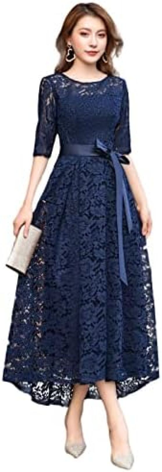 【20%OFFクーポン〜】イブニングドレス ミモレ丈 ラウンドネック 五分袖 レース ワンピース 大きいサイズ 結婚式 二次会 お呼ばれ 演奏会 披露宴