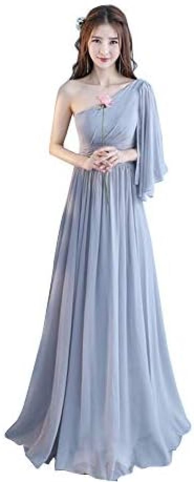 【20%OFFクーポン〜】レディース ロングドレス ワンショルダー オフショルダー 袖あり デコルテ エレガント ワンピース パーティー ハイウエスト ウェディング お呼ばれ 結婚式 花嫁 可愛い 着やせ フォーマル 体型カバ