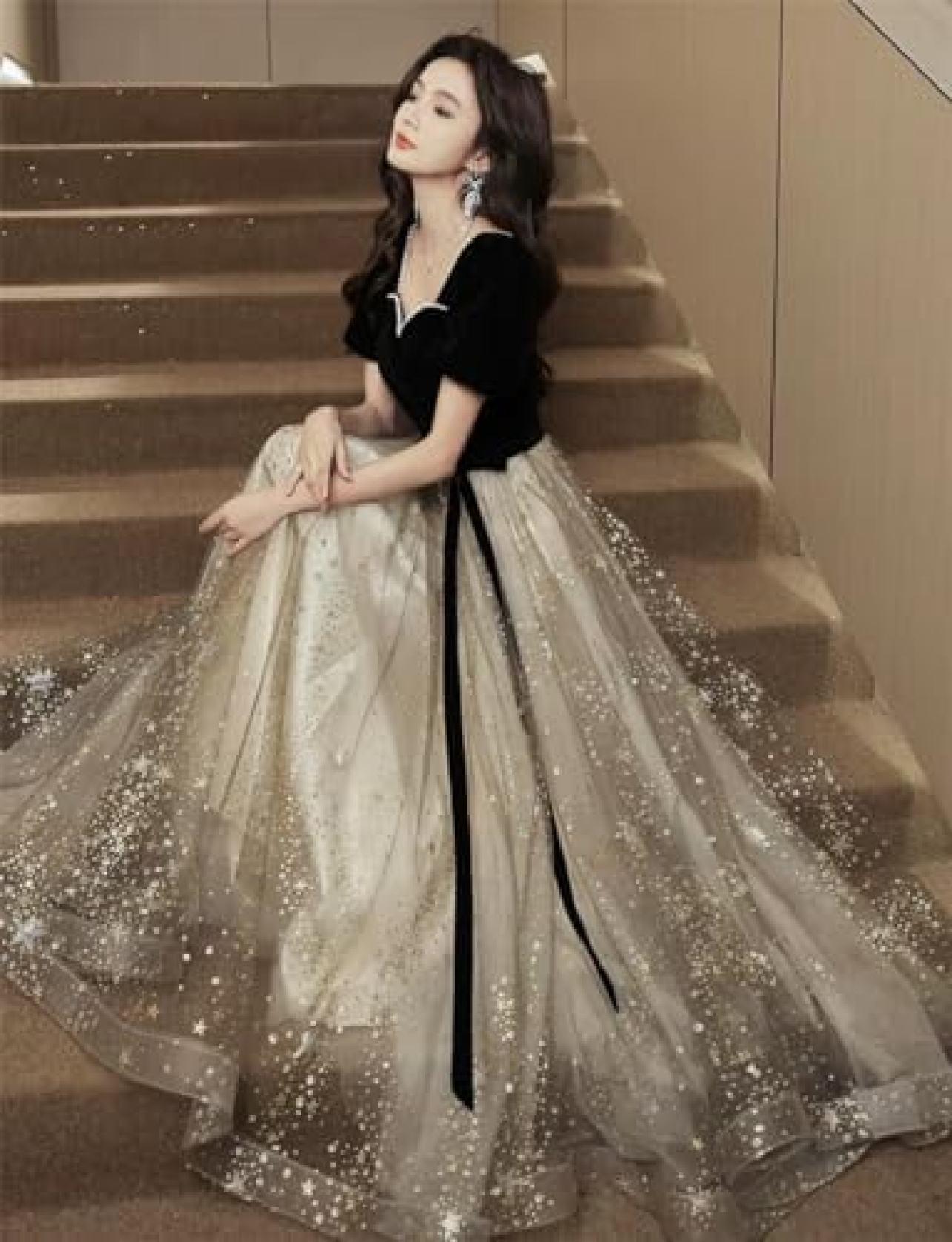 Yokosの【20%OFFクーポン〜】イブニングドレス レディース ドレス ロングドレス パーティードレス ワンピース カクテルドレス 宴会ドレス チュール 半袖 フォーマル Aライン エレガント 結婚式 お呼ばれ ファッション パーティ｜アングル2