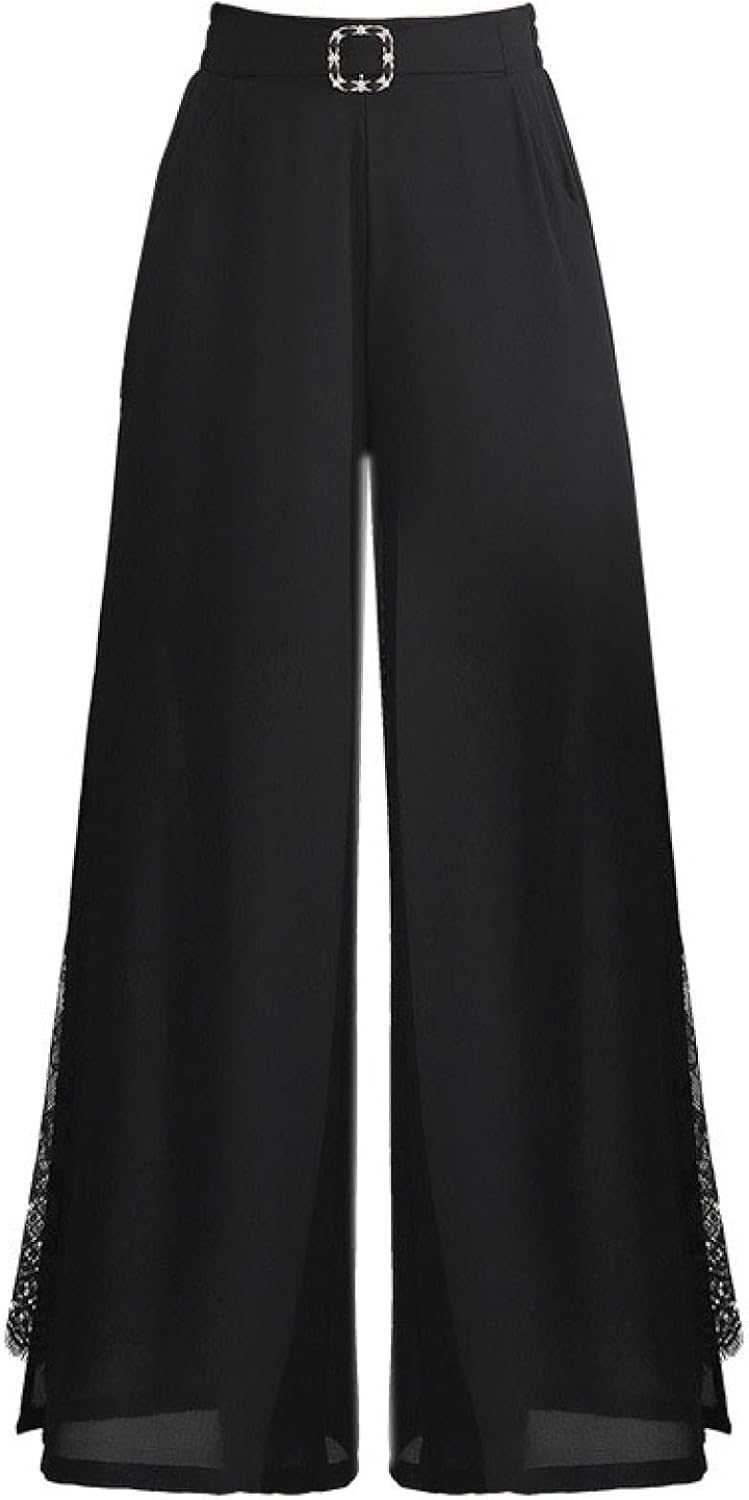 ワイドパンツ レディース レース ガウチョ シフォン 春秋 パンツ 切り替え スリット カジュアル 通勤 大きいサイズ 体型カバー ゆったり レディース ガウチ...