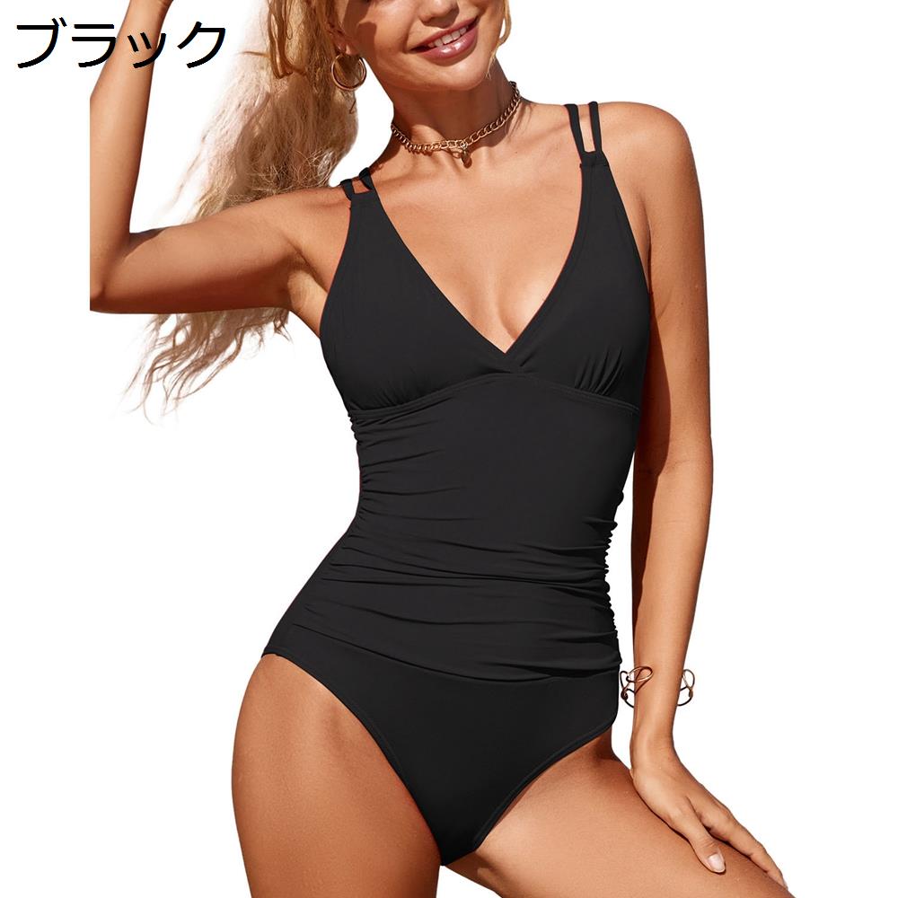 【20%OFFクーポン〜】レディース水着 セクシー ワンピース 体型カバー Vネック ハイウエスト モノキニ スイムドレス フェットネス水着 大きいサイズ 無地 ビーチウェア ブラック L