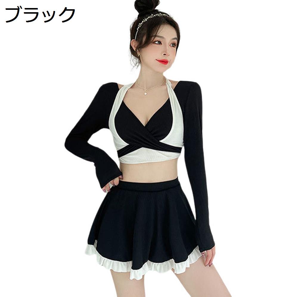 【20%OFFクーポン〜】ワンピース水着 レディース ボルダーネック 2点セット 体型カバー ハイウエスト スイムドレス セパレーツ ビキニ タンキニ クロス水着 海水浴 大人水着 ビーチウェア 温泉 ハイウエスト ブラック L