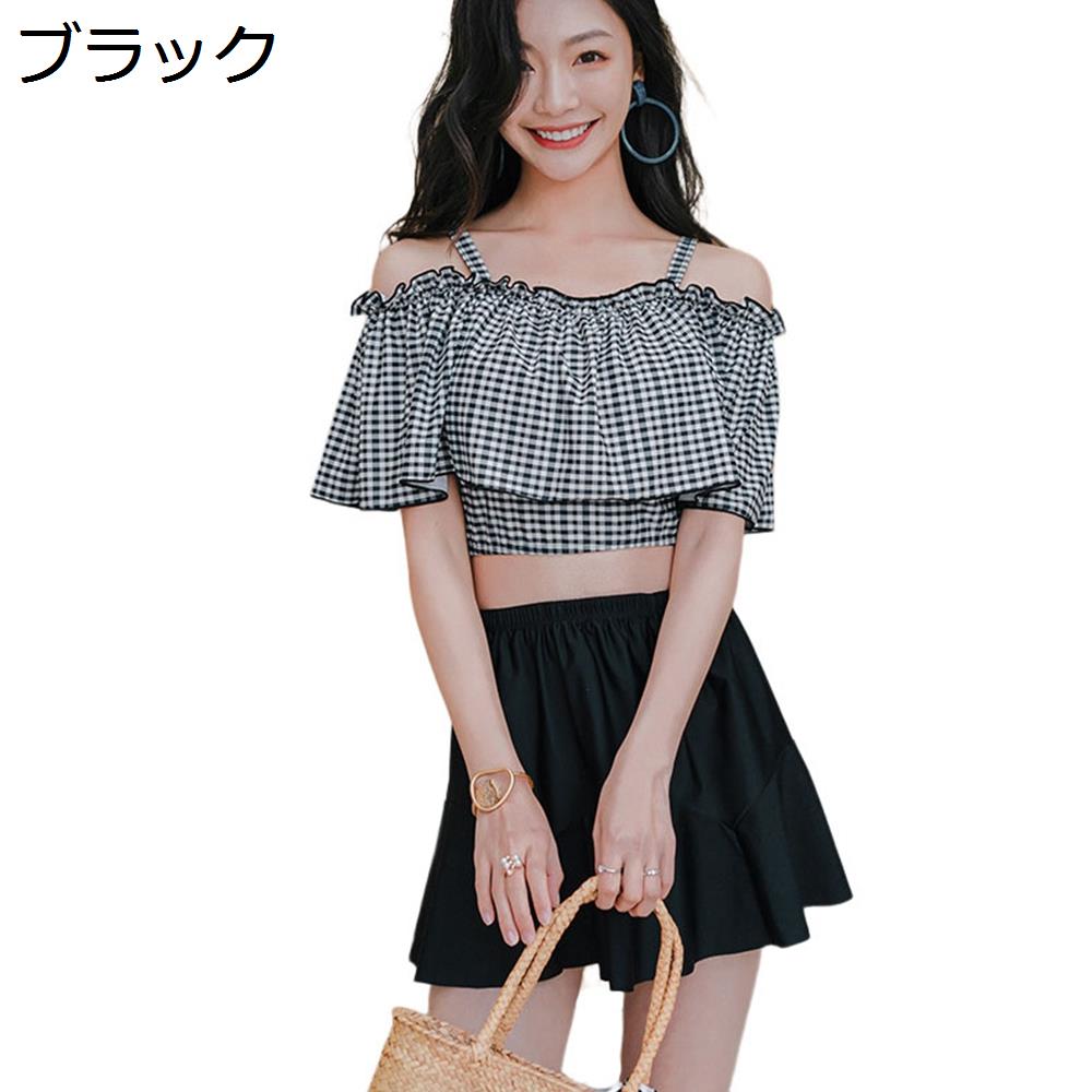 【20%OFFクーポン〜】水着 レディース タンキニ 2点セット 体型カバー ビスチェ風水着 スイムドレス オフショルダー セパレーツ 上下セット ビーチウェア ビキニ 韓国 ハイウエストショートパンツ 露出控えめ 温泉 海水浴 スイミングswimwear ブラック L