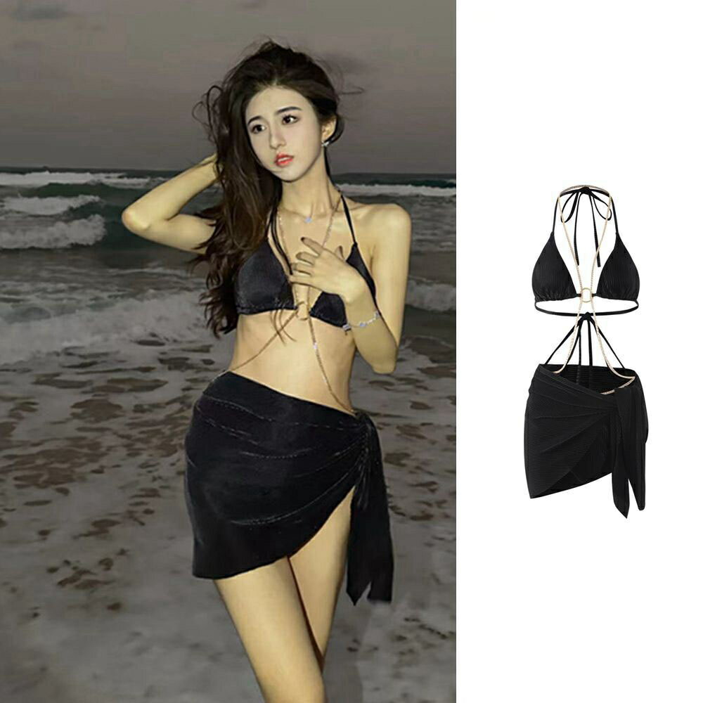 【20%OFFクーポン〜】マイクロビキニ　ビキニ　セクシー　ビーチウェア　レディース　ワンピース　リゾート　3点セット　ハイウエスト　極小　過激　ビキニブリーフ　ブラック　L