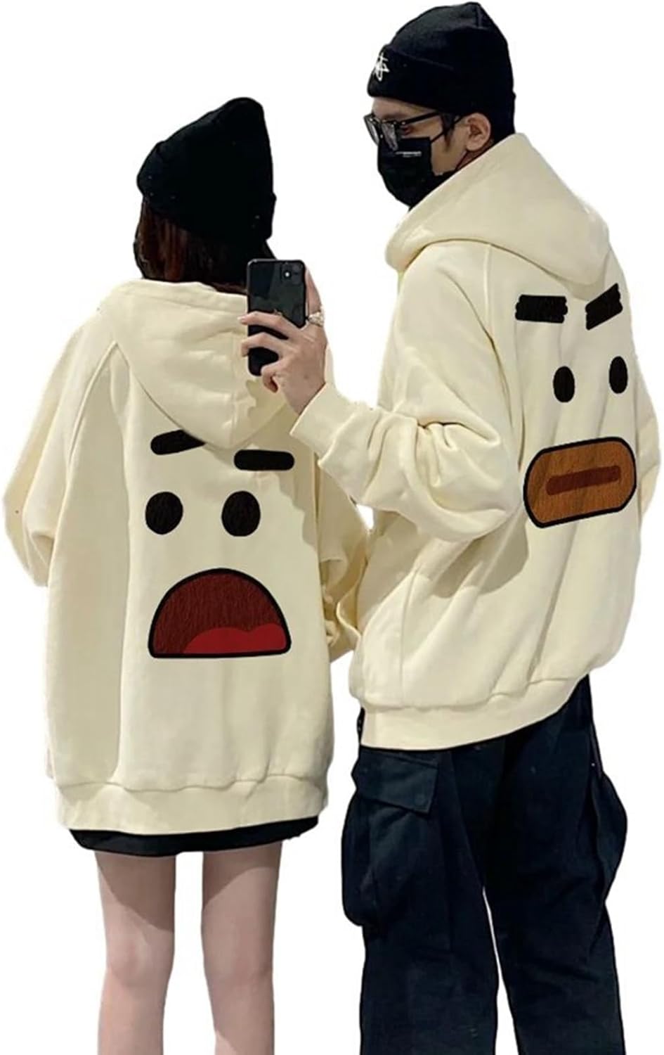 ペアルック フード付 パーカー 可愛い顔柄 スウェットパーカー プルオーバー 秋冬 長袖 お揃い トレーナー 萌え萌え 大きいサイズ 薄手 ゆったり カジュアル 防寒 部屋着 旅行 撮影 入学 贈り物
