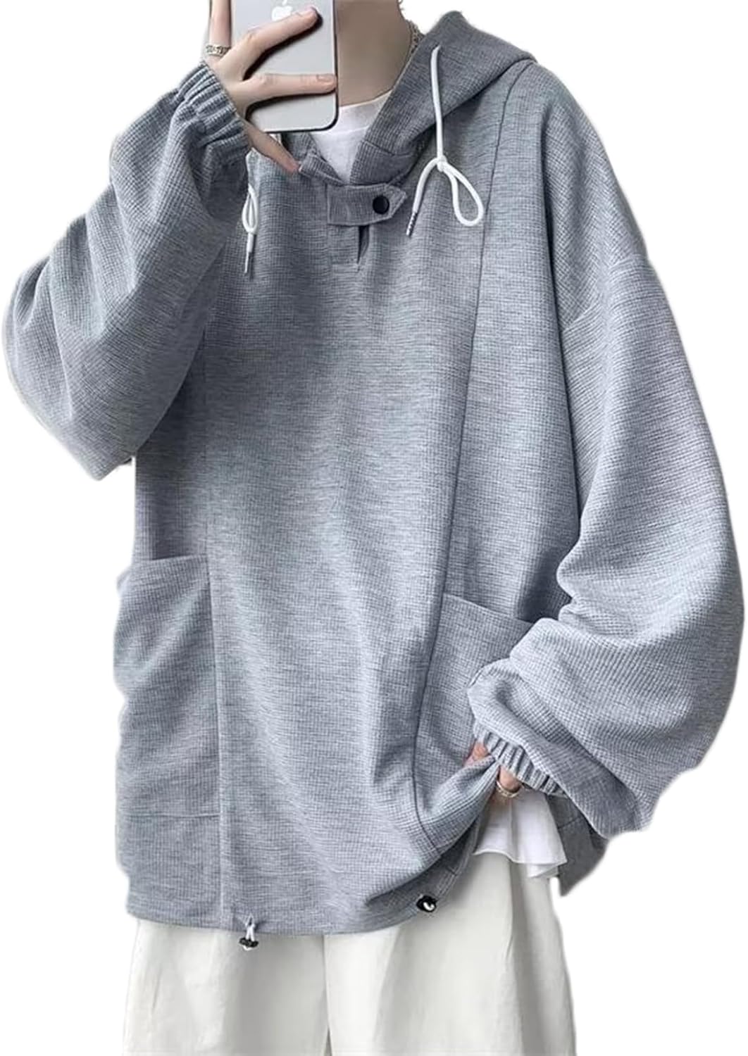 フードパーカー メンズ 秋 プルオーバー 長袖 上着 フード付 ワッフル柄 オーバーサイズ 無地 男女兼用 韓国風 伸縮性 薄手 可愛い スウェット ゆったり ...