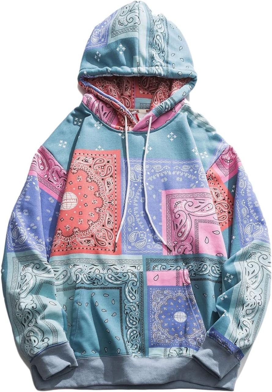 メンズ 長袖 パーカー 上着 春秋 カシューナッツ柄 切り替え プルオーバー ビッグシルエット オシャレ ..