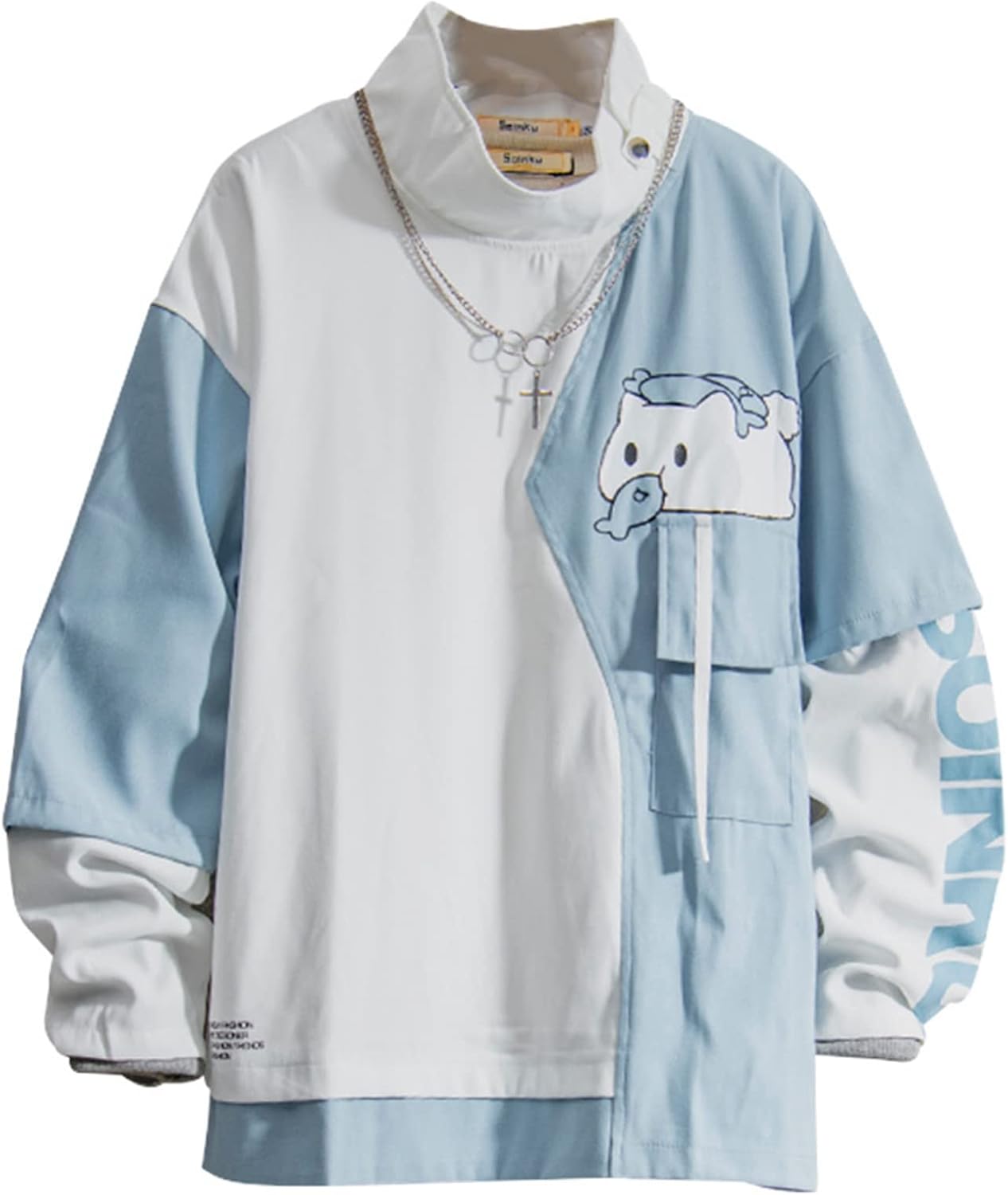 楽天Yokosメンズ 長袖 パーカー プルオーバー かわいい 切り替え プリント スタンドカラー ゆったり オシャレ 通気性 体型パカー トップス トレーナー コンフォート ソフト 丈長め カジュアル シンプル カ