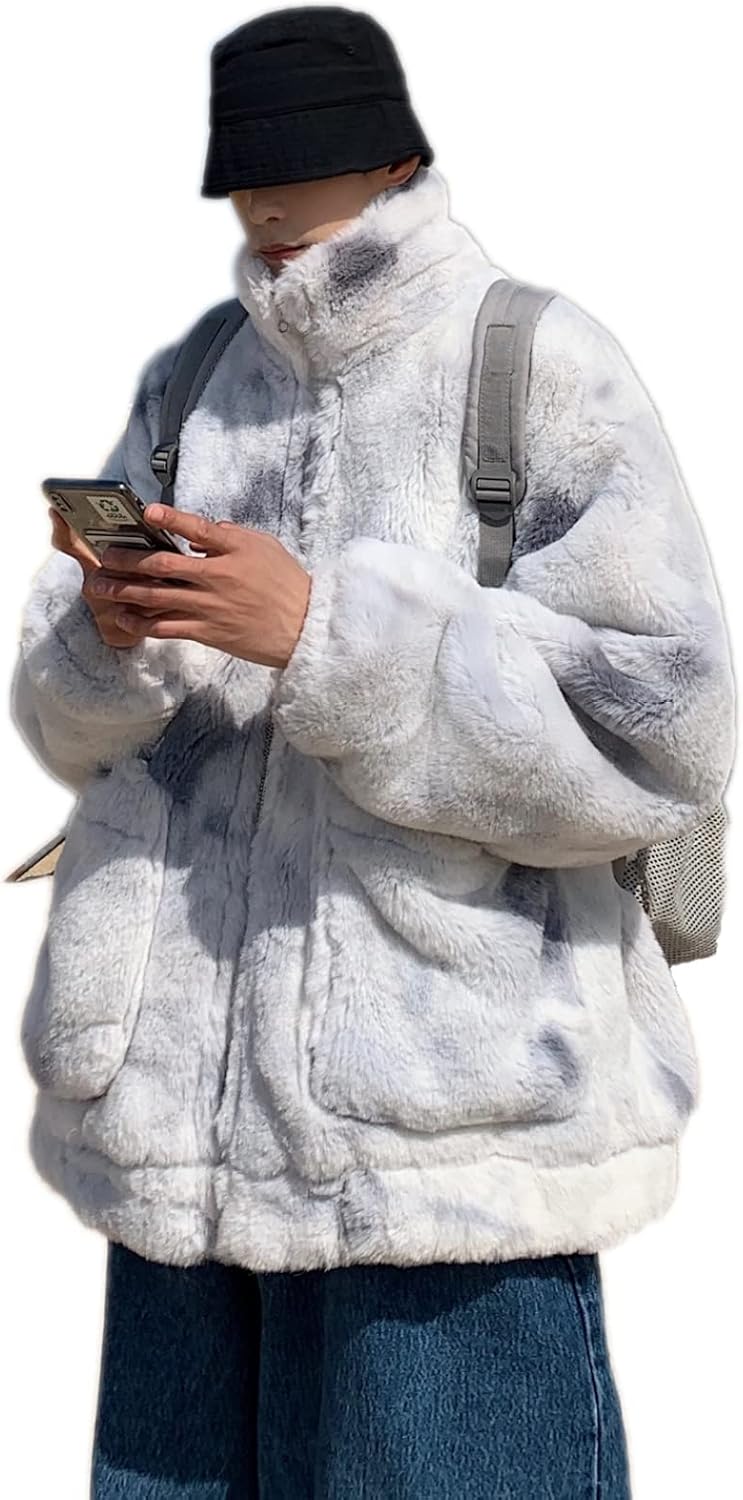 フリースジャケット ボアコート 絞り染め メンズ レディース 厚手 ハイネック ファー もこもこ ふわふわ 大きいサイズ ファッション ブルゾン 冬服 おしゃれ 柔らかい 男女通用 韓国風 グレー M