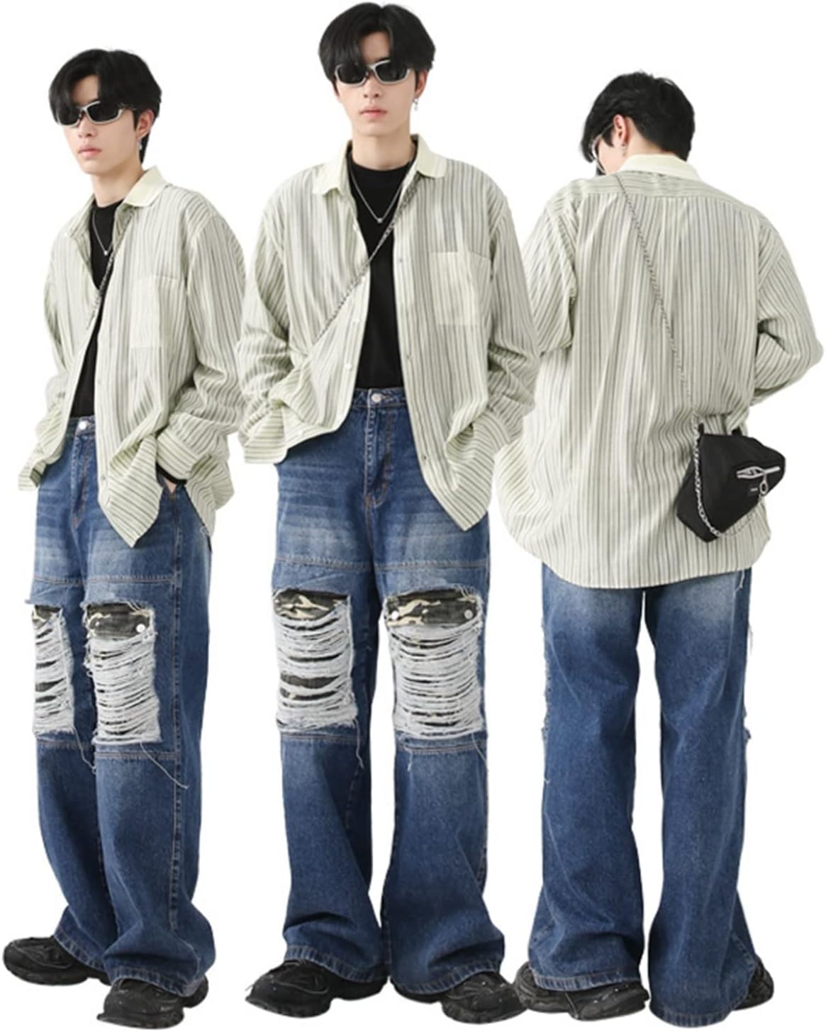 ダメージジーンズ メンズ デニムパンツ バギー ワイドパンツ パッチワーク 迷彩柄 ヴィンテージ シェービング加工 クラッシュ ジーパン B系 デザイン性 ハイストリート モード系 ライブ衣装 ダンス