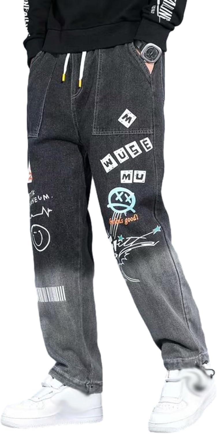 デニムパンツ ジーンズ メンズ ルーズシルエット ロングパンツ ダメージ加工 英字柄 大きいサイズ グラデーション 大人 かっこいい 男性 個性 hip hop アウトドア ワイド 春夏秋 バイクパン