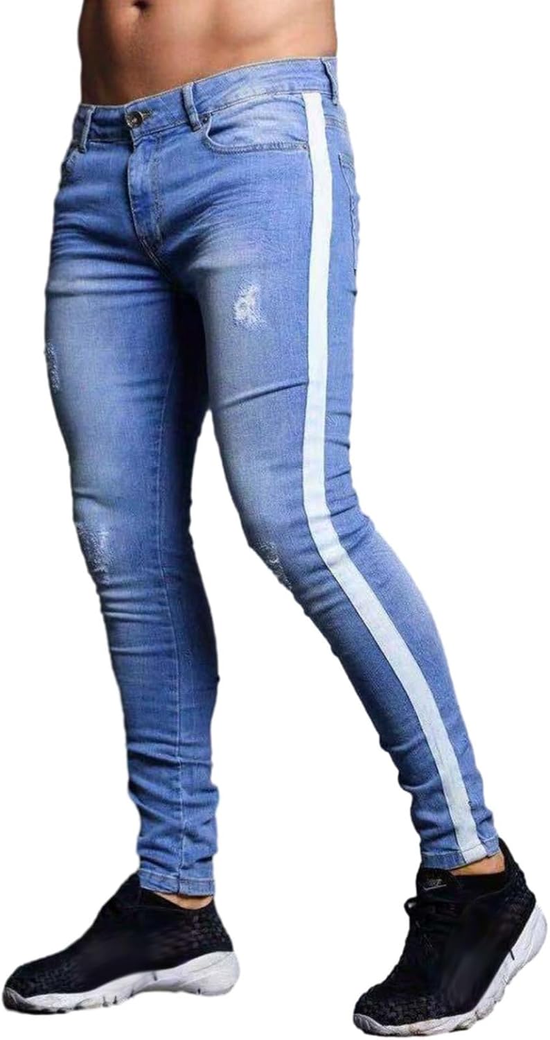 デニムパンツ ジーンズパンツ メンズ スキニー スリム サイドライン ダメージ加工 ズボン ロングパンツ 大人 かっこいい 個性 hiphop レギュラー ウォッシュ 快適 タイト 秋用 春秋 バイカ