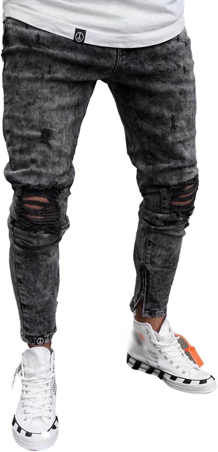 デニムパンツ ジーンズパンツ メンズ 細め ストレッチ スキニー ダメージ加工 ズボン ロングパンツ 大人 ストリート hiphop系 クラッシュ 動きやすい 定番 リラックス オールシーズン バイク