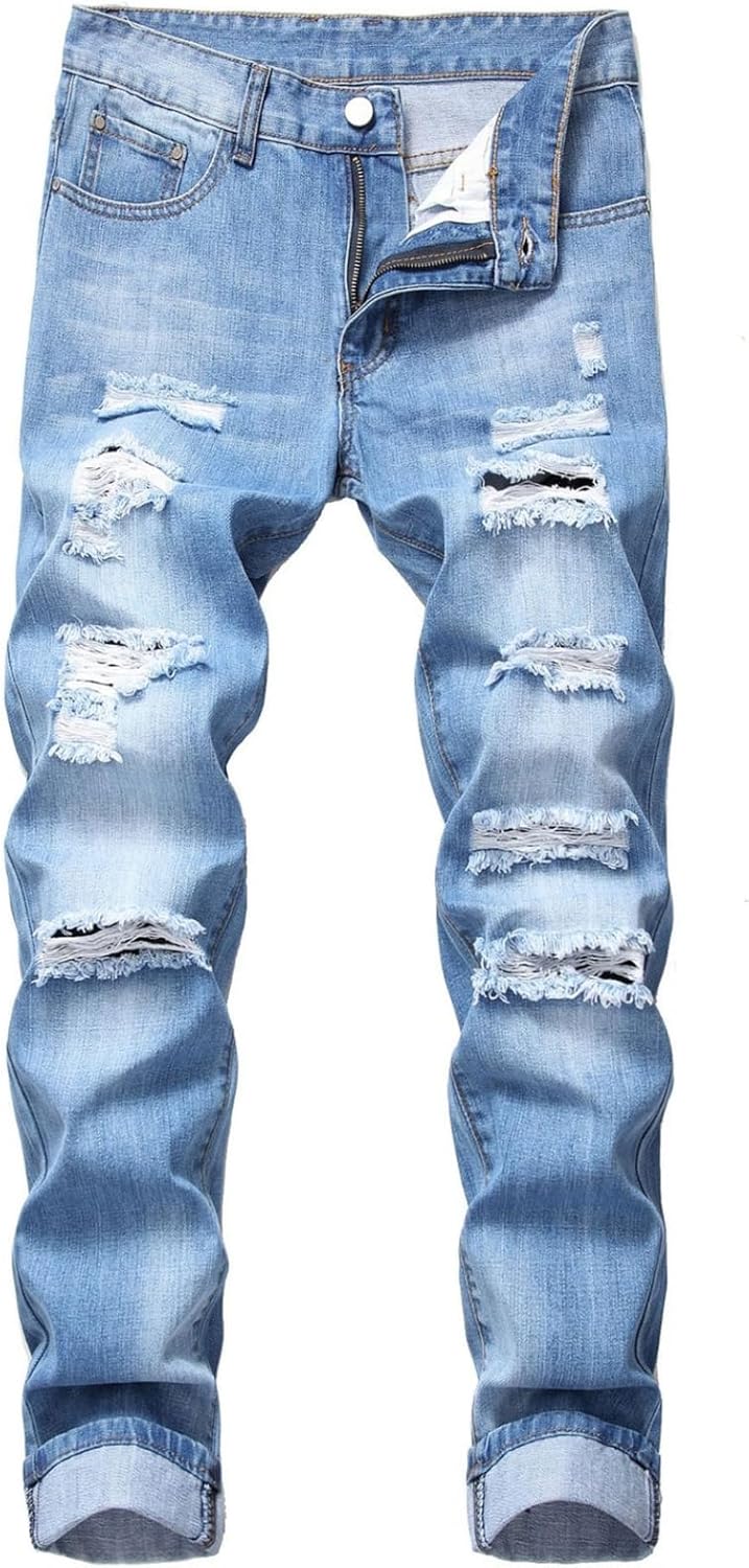 デニムパンツ ジーパン メンズ 細め ストレッチ ダメージ加工 オトコ ロングパンツ ボトムス 大人 かっこいい 個性 hiphop トレンド 厚い 立体裁断 軽量 ファッション 秋用 ウォッシュ加工