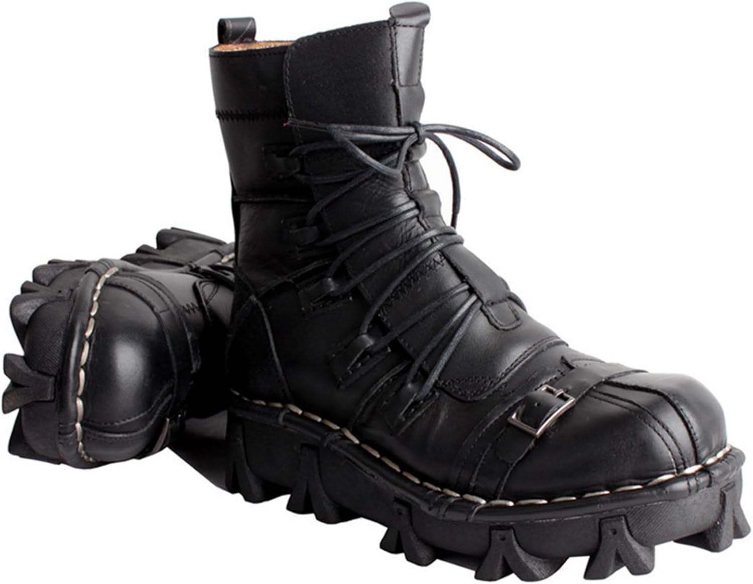 ライダーブーツ バイク用ブーツ メンズ 本革 厚底 バックル 金具 パンク系 レースアップ 秋冬春 防滑 ..