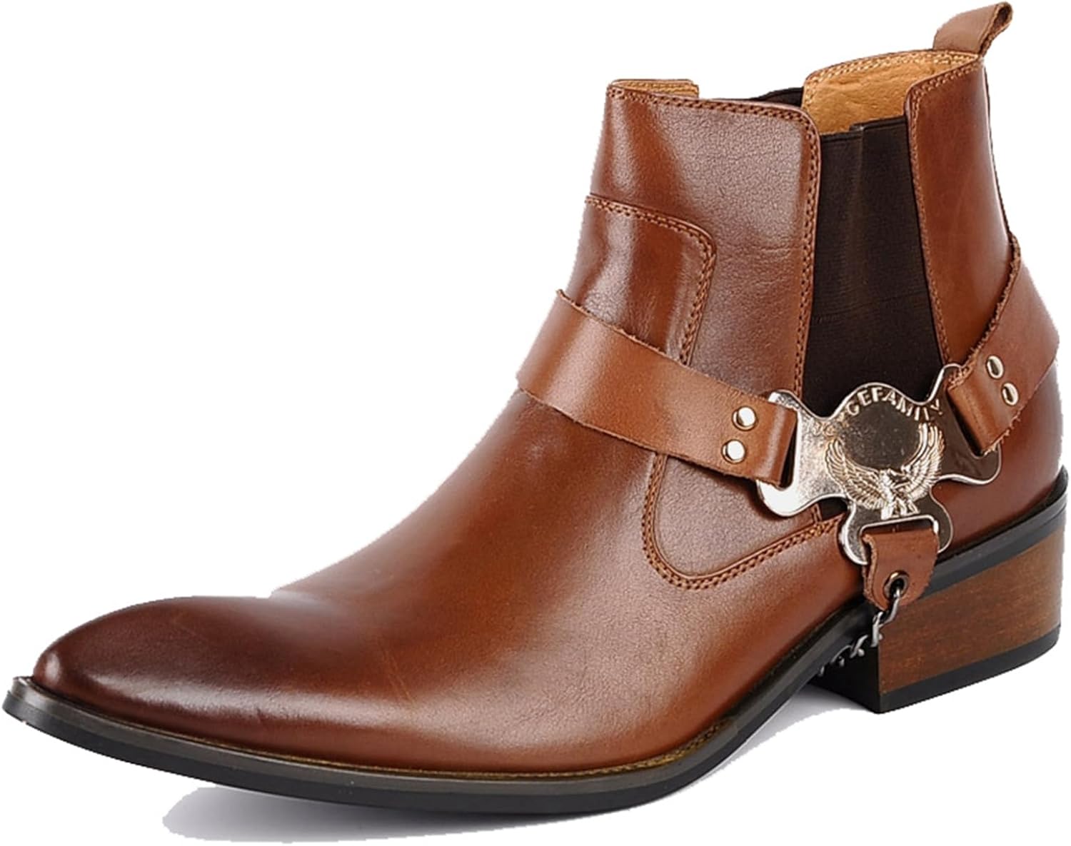 レザー ウェスタンブーツ リングブーツ メンズ サイドゴア バックル ショートブーツ ポインテッドトゥ ..