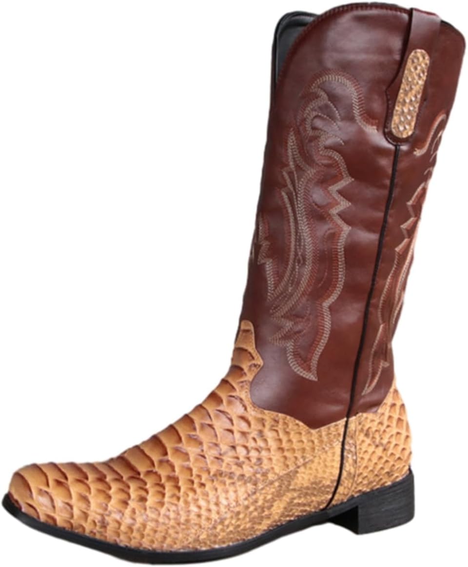 メンズ ヘビ柄 ジョッキーブーツ ウエスタンブーツ スリッポン 切り替え ローヒール ワークブーツ 刺繍 四季 オートバイ靴 乗馬ブーツ 大きめ スクエアトゥ 幅広 歩きやすい ビンテージ