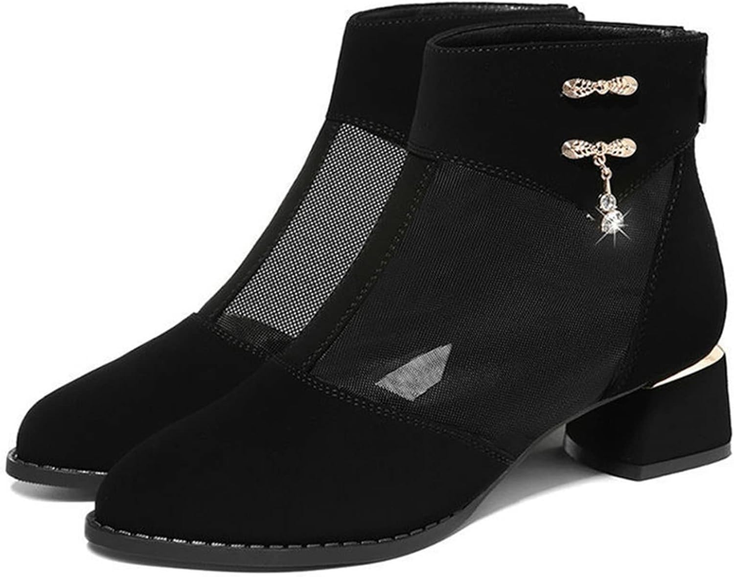 メッシュ ショートブーツ サンダル レディース ポインテッドトゥ ラインストーン飾り 太ヒール5.5cm ミ..