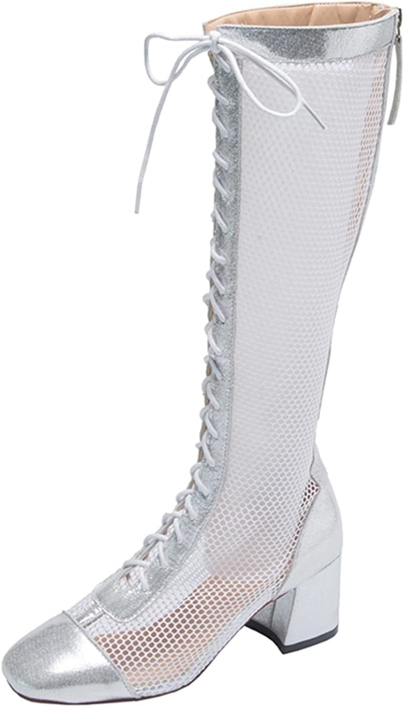 ストレッチブーツ ハイヒール6cm 夏用ブーツ メッシュ スクエアトゥ レディース ロングブーツ レースア..