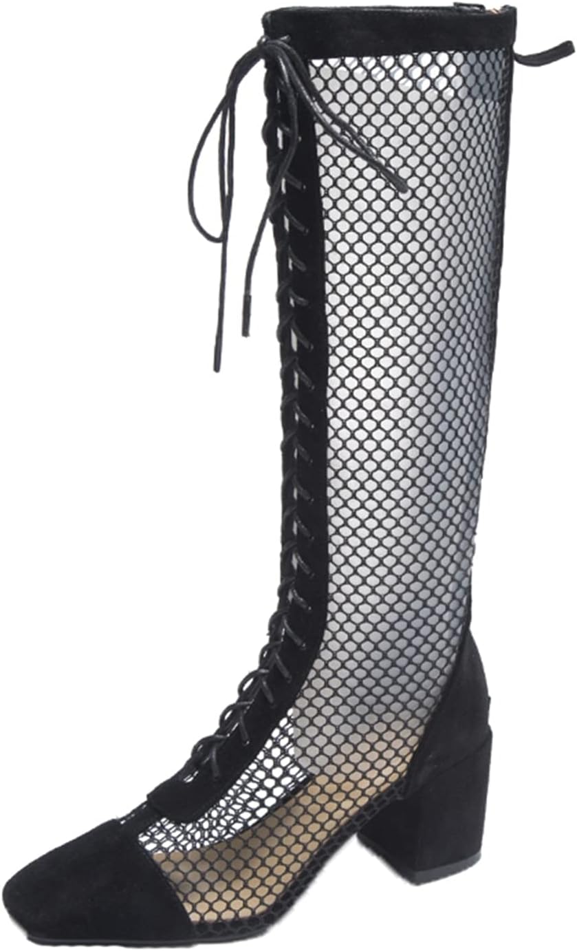 ストレッチブーツ ハイヒール6cm 夏用ブーツ メッシュ スクエアトゥ レディース ロングブーツ レースア..