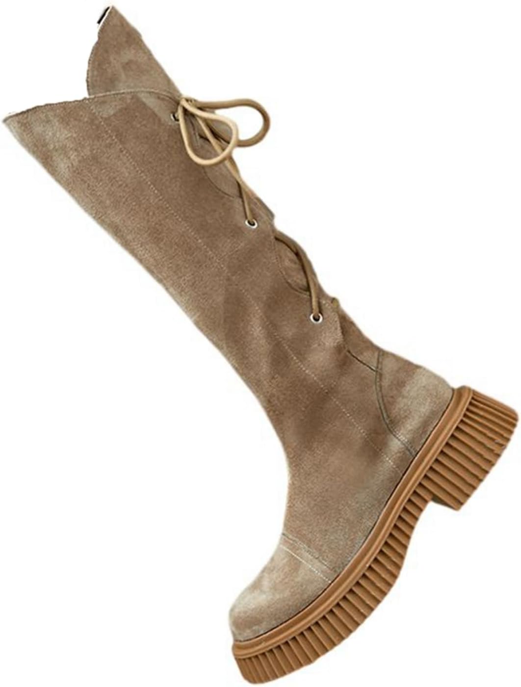 ロングブーツ スエード調 厚底 ローヒール レディースブーツ 秋冬用 バックレースアップ 長ブーツ 騎士..