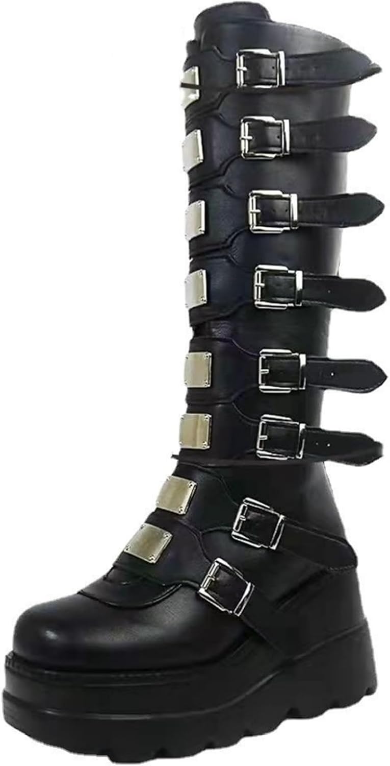 ロングブーツ 秋冬 厚底 バックル スチームパンク ヴィンテージパンク レディース 厚底ブーツ ゴシック..