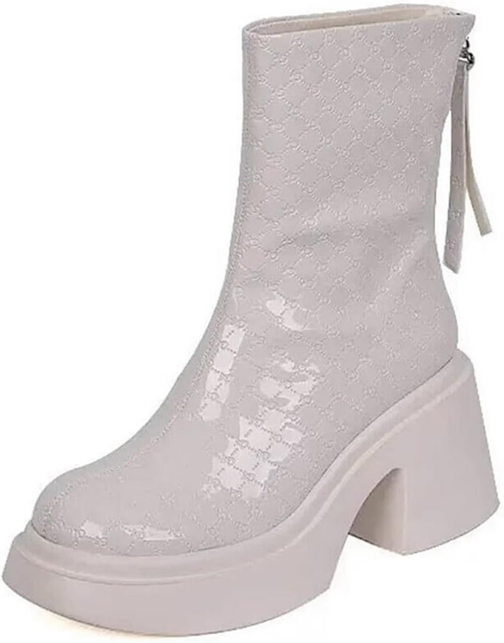 ショートブーツ エナメル レディース ハイヒール7cm 粗いかかと ファスナー 秋冬 チャンキーヒール 滑..