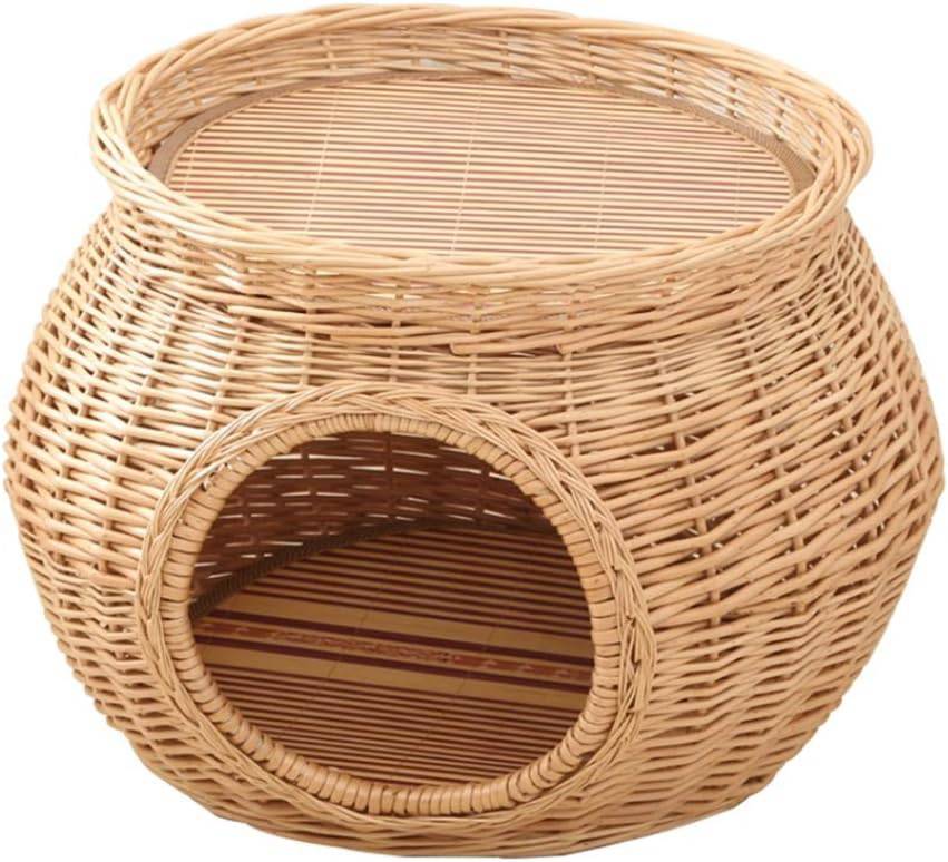 ペットベッド キャットハウス 籐 ラタン 手編み 丈夫 耐摩耗性 ベージュ 防湿 快適 春夏用 涼しい 天然素材 通気性 清潔 無味 洗える 可愛い かご ソファー 丸型 円形 猫 犬小屋 猫 ハウス