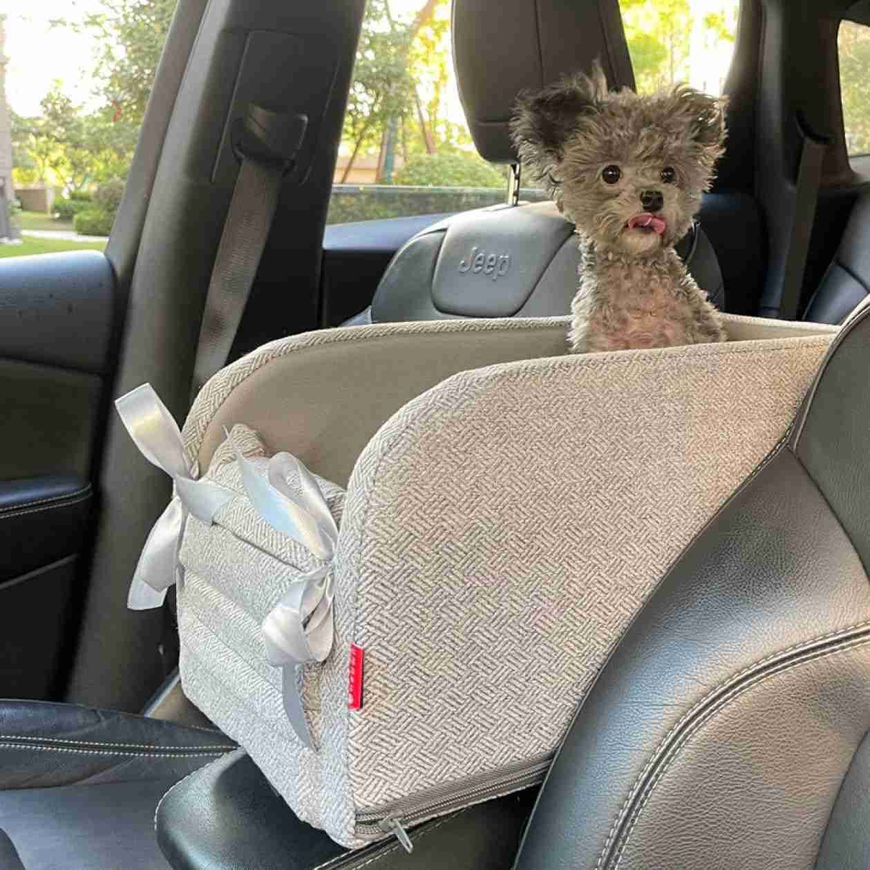 車内用 ドライブボックス ペット ドライブベッド 小型犬 猫対応 飛び出し防止リード付き ライトグレー 洗濯可 犬ベッド 車載 M アームレスト ペットソファー...