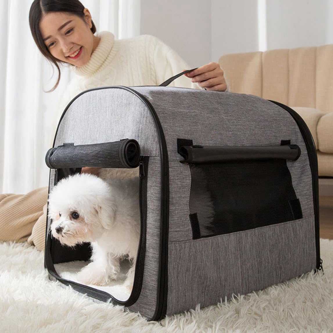 犬用 ソフトクレート ペット用クレート 防災 コンパクト メッシュ グレー 犬ケージ 46*36.5*40 小型犬 屋根付き 持ち運び 犬用ケージ 猫 犬 折りたたみ式 洗濯可能 ドライブボックス ペ