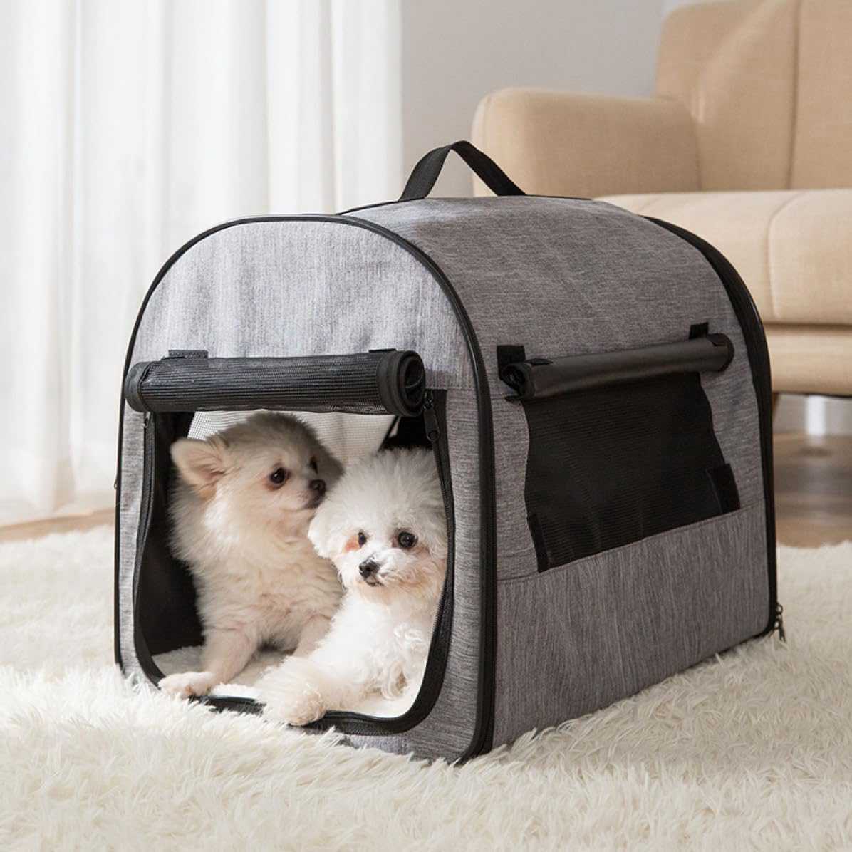 犬用 ソフトクレート ペット用クレート 防災 コンパクト メッシュ グレー 犬ケージ 46*36.5*40 小型犬 屋根付き 持ち運び 犬用ケージ 猫 犬 折りたたみ式 洗濯可能 ドライブボックス ペ