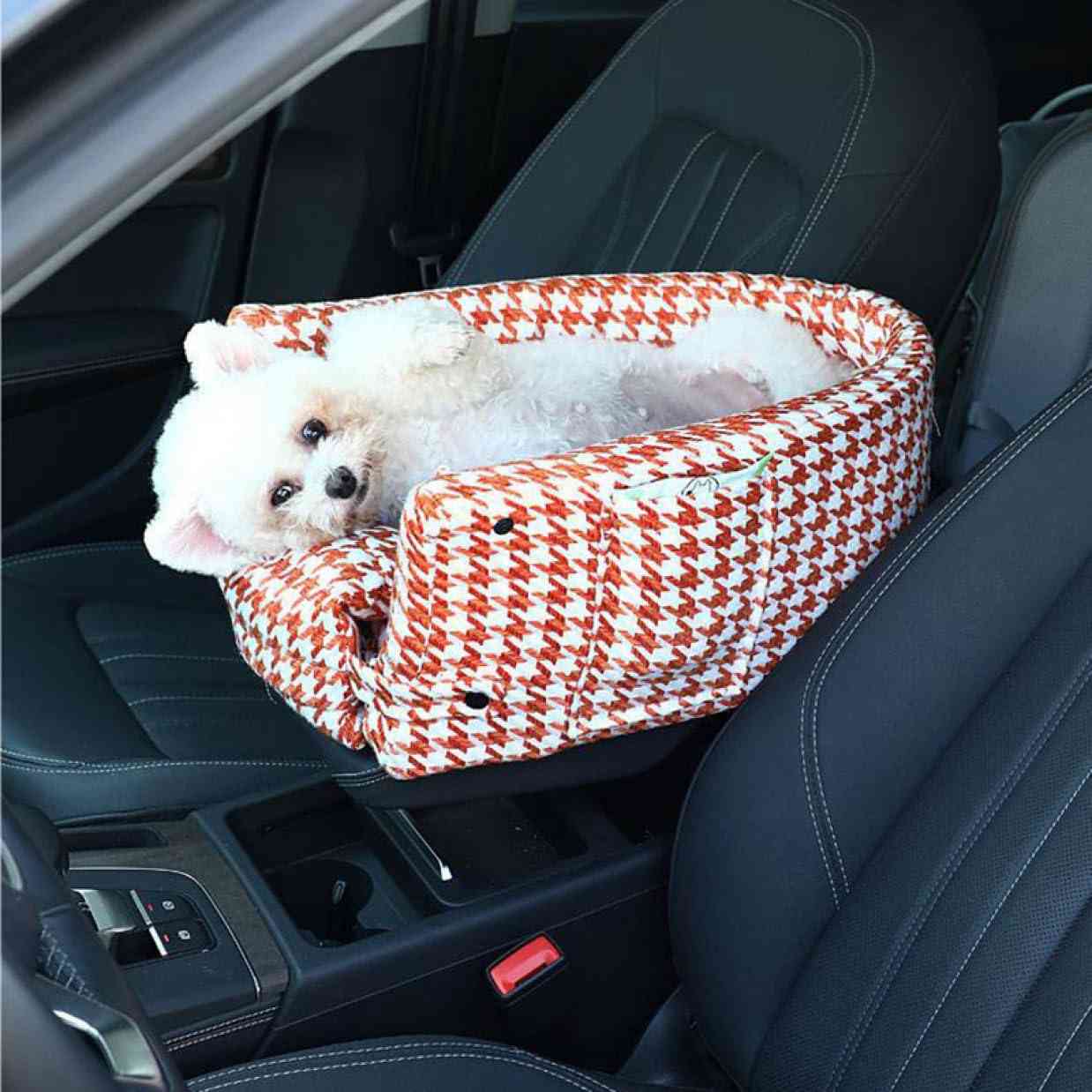 オレンジ 犬 猫用 ドライブボックス 車載 アームレスト ペットソファー ドライブベッド 25*42*22 ペットキャリー 小型犬 猫に対応 飛び出し防止リード付き 洗える 簡単取付 犬ベッド カーシ