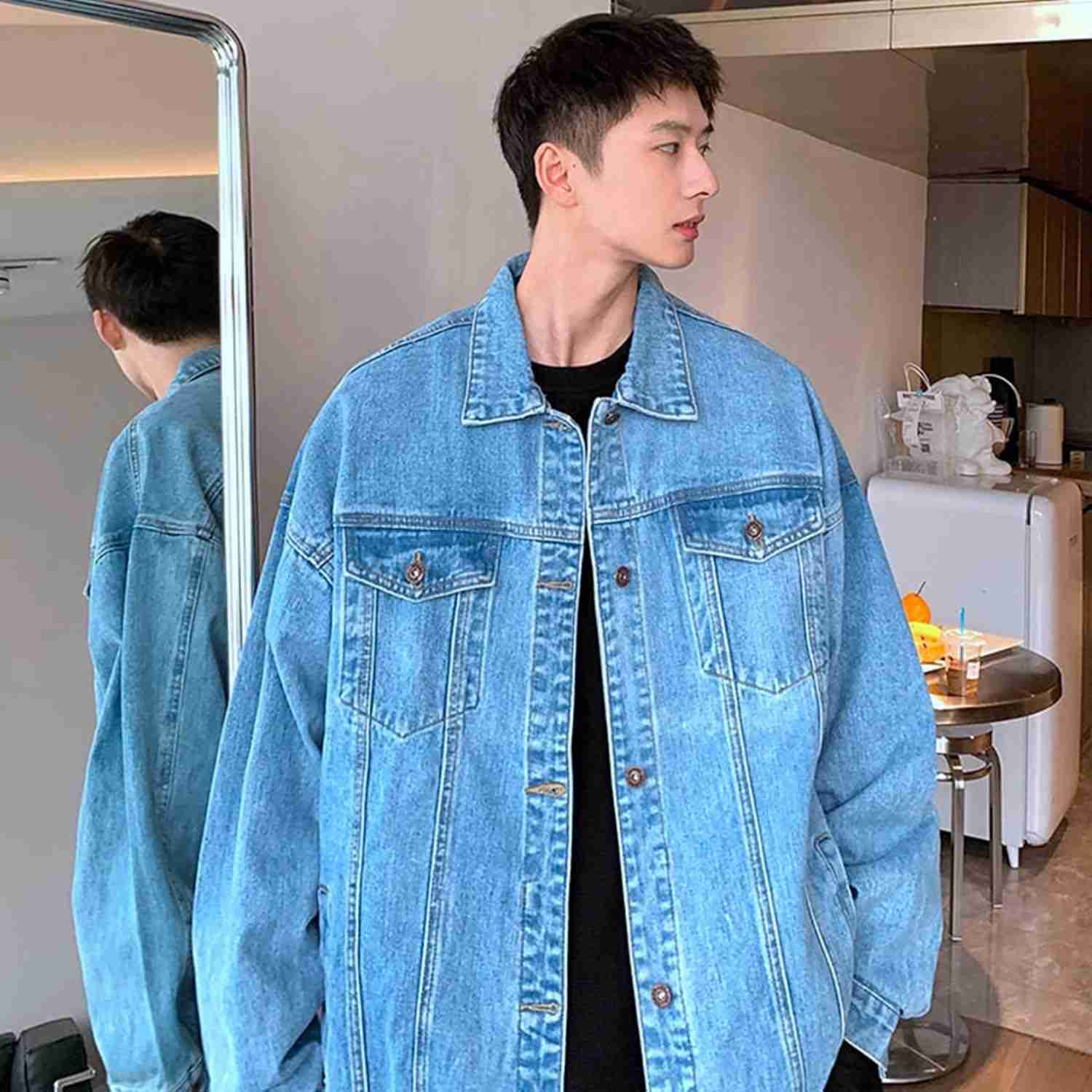 メンズ デニム 春秋 大きいサイズ 無地 開襟 ジャケット 長袖 ゆったり ストレッチ ファッション カジュアル カッコイイ 普段着 快適 防風 防寒 無地