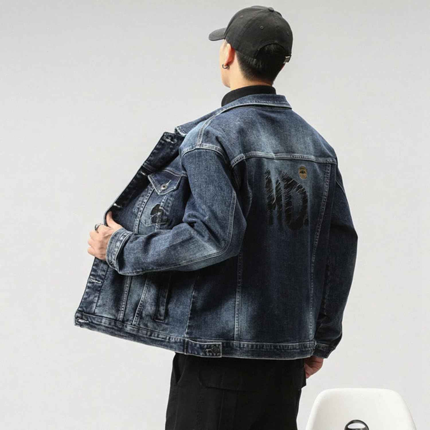 メンズ デニム 春秋 大きいサイズ ゆったり 開襟 ジャケット 長袖 ストレッチ ファッション カジュアル カッコイイ 普段着 快適 防風 防寒 ウォッシュ加工 プリント柄 ネイビー