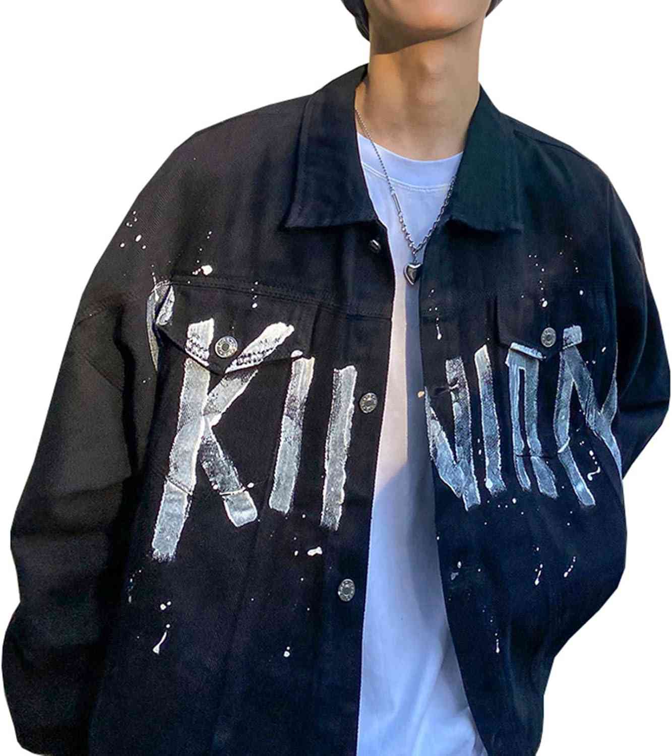 デニムジャケット メンズ ストリート系 英字柄 ホワイト ブラック ジー春秋 防風 防寒 カジュアル お出かけ 通勤 通学 カッコイイ 着回し ゆったり 大きいサイズ M2XL