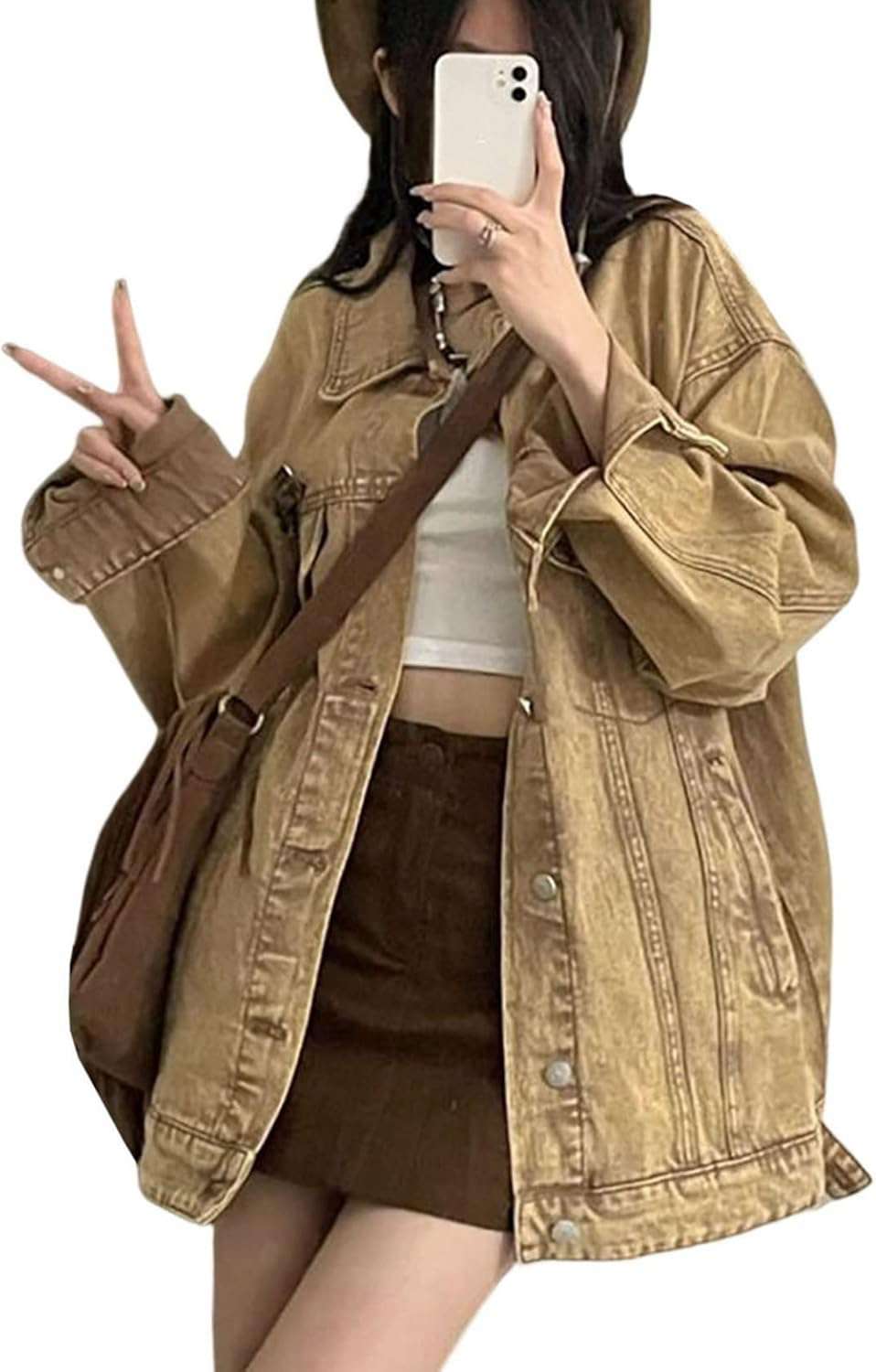 デニムジャケット レディース 春秋 大きめ 長袖 開襟 防風 防寒 ストリート系 ゆったり ストレッチ 通勤 通学 お出かけ カジュアル ジーレトロ 刺繍 カーキ