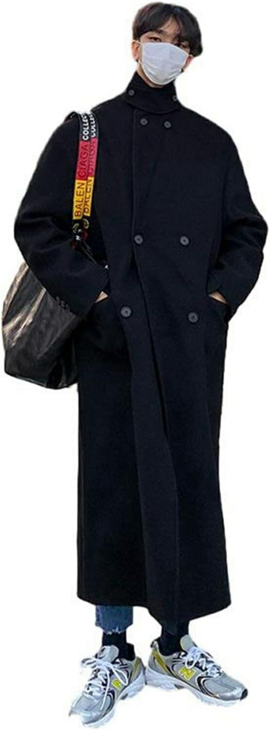 黒 トレンチコート チェスターコート 秋冬 メンズ ロング ステンカラー 立ち襟 ダブル ポケット 大きいサイズ M〜2XL 厚手 暖かい 防寒 ラシャコート ファッション 韓国風 通学 アウトドア