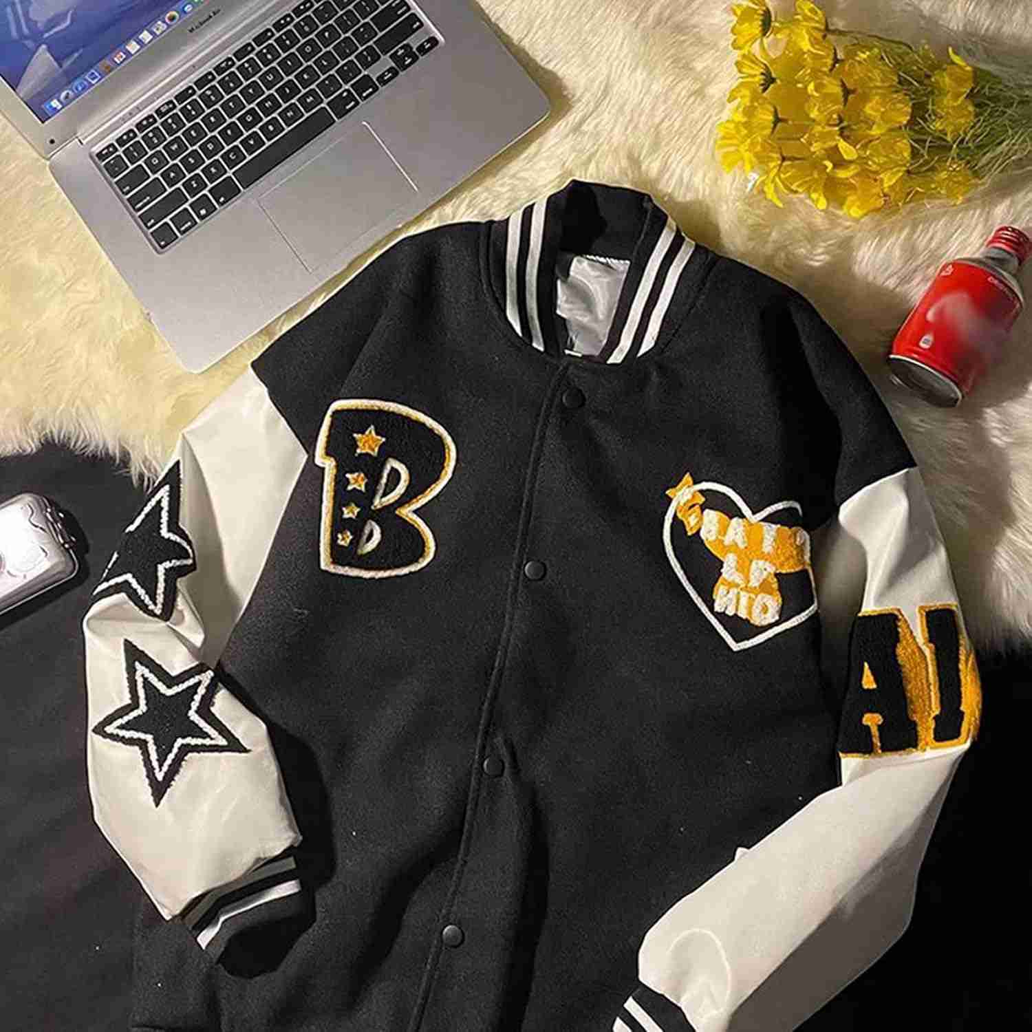 スタジャン メンズ 野球服 スタジアムジャンパー カップル ジャケット 韓国風 かっこいい パッチワーク スター刺繍 英字柄 ヒップホップ ストリート ブルゾン カジュアル リブデザイン 防寒 防風