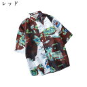 【20%OFFクーポン~】半袖シャツ メンズ アロハシャツ カジュアルシャツ ハワイアンシャツ ビーチシャツ M~3XL ペアルック 開襟 五分袖 和柄 おしゃれ かっこいい ストリート 薄手 夏服 部屋着 柄シャツ レジャー ドライブ 旅行 レッド 2XL