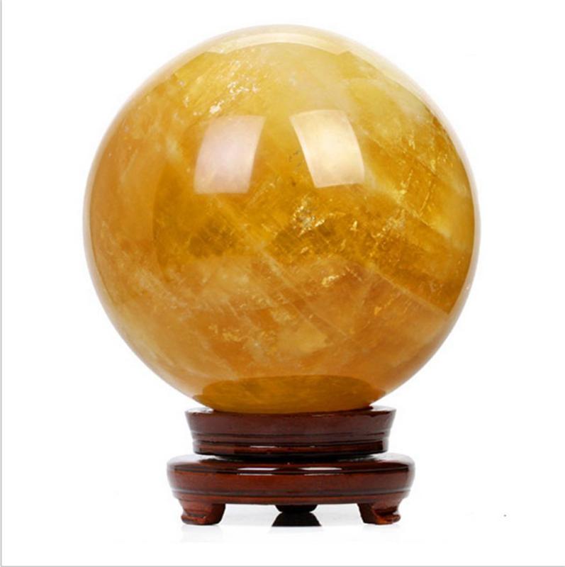 (イスイ)YISHUI 天然 黄水晶 シトリン 天然水晶 浄化 さざれ石 クリスタルボール 装飾品 イエロー 木製台付き
