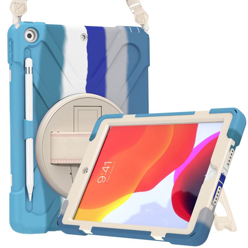 ProCase iPad 9/8/7 ショルダーケース 10.2”肩掛け式 耐衝撃カバー（2021 2020 2019) ペン収納 360°回転スタンド 手首付き 3層保護デザイン 現場作業 子供用