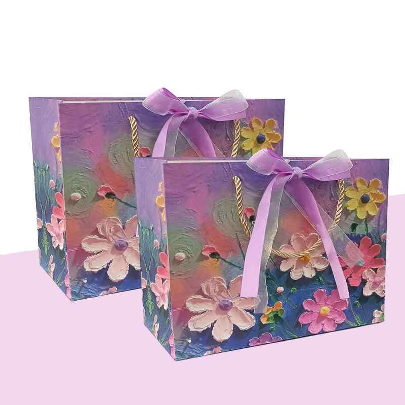 Futakuchi ラッピング 袋 手提げ 紙袋 プレゼント用 ギフトバッグ おしゃれ ギフト 袋 3D 立体 視覚 油絵 かわいい スタイル 誕生日 包装袋