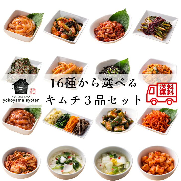 ＜送料無料＞16種から選べるキムチ3品セット キムチ 手作り セット 選べる 3種 お試しセット タコキムチ イカキムチ ナムルセット チャンジャ ゴマの葉醤油漬け 白菜キムチ 韓国 カクテキ 海苔キムチ チンゲン菜 セロリキムチ 水キムチ ネギキムチ 国産キムチ 自家製のサムネイル